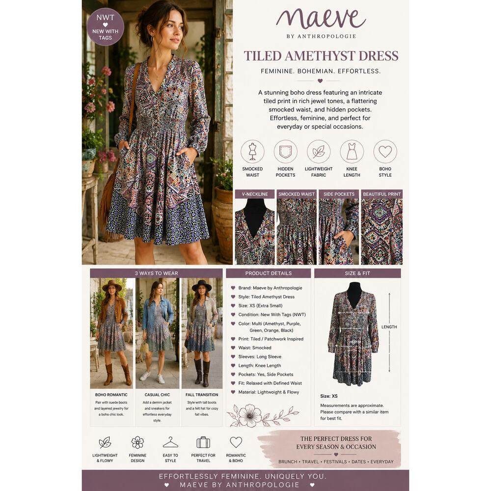 Maeve Anthropologie Tiled Amethyst Dress SZM Smocked Pockets Knee Length Boho